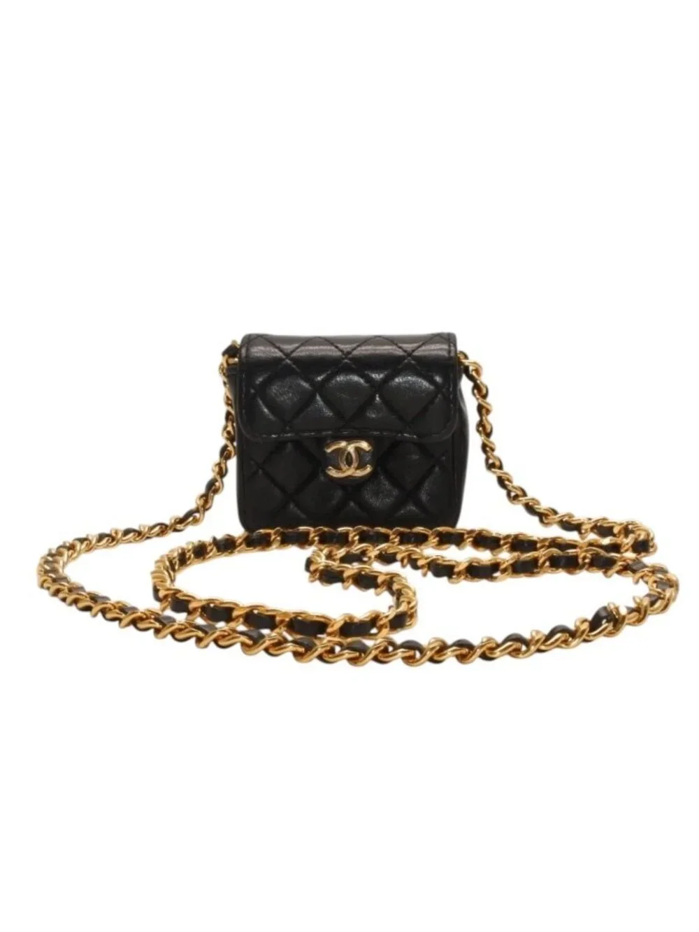 Chanel Micro Quilted Chain Shoulder Bag CC Logo Lambskin Black Gold